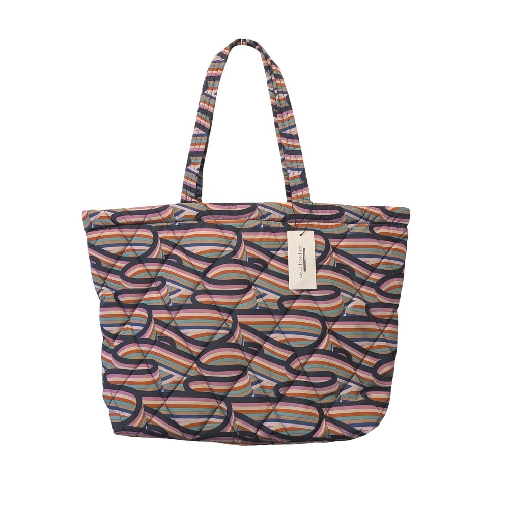Vera Bradley Quilted Tote Bag Multi-Color Wavy Stripe Navy‎ Orange Pink NEW